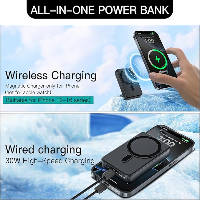 HUOTO 3 in 1 Foldable Magnetic Wireless for iPhone Charging Station,10000mAh Portable Charger Power Bank with Stand for MagSafe Battery Pack for iPhone 16/15/14/13/12 Series,for Apple Watch/Air pods