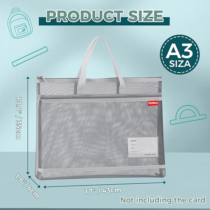 Pendancy Mesh Zipper Pouch A3 Size, Large Double Pocket Lightweight Nylon Transparent File Bag with Handle, 13x17 in Foldable Document Storage for Puzzle Project/Cross Stitch/Travel/Office (Gray)