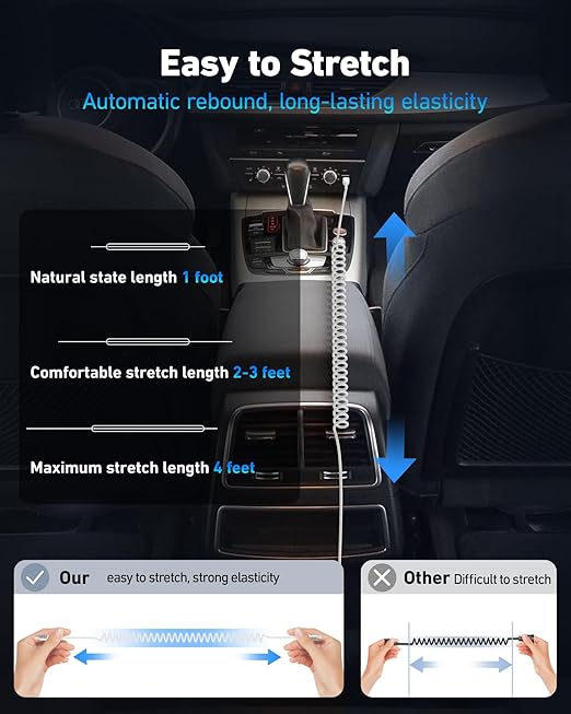 Coiled USB C to C Cable for Car 3ft,2Pack Braided USB Type C Cable for Car 66W Fast Charging Cord Compatible with iPhone 17 16 15, iPad, Samsung Galaxy, Google Pixel, Moto, LG, TCL Phones-Silver