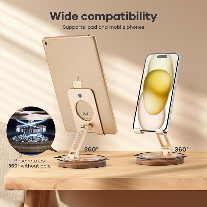 Dual Folding Phone Desk Stand,Adjustable Phone Stand,Phone Stand for Desk,Foldable Wood Phone Holder,Beside Phone Holder,Wood,Gold
