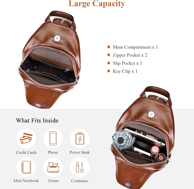 Over Earth Genuine Leather Sling Bag for Women Men Small Crossbody Purse Causal Hiking Chest Backpack (O212E Brown)
