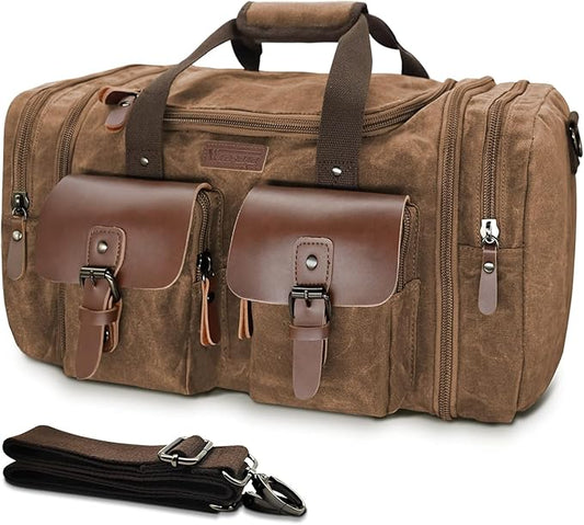 Wildroad Waxed Canvas Duffle Bag - 60L Waterproof Genuine Leather Weekender Overnight Travel Hand Bag