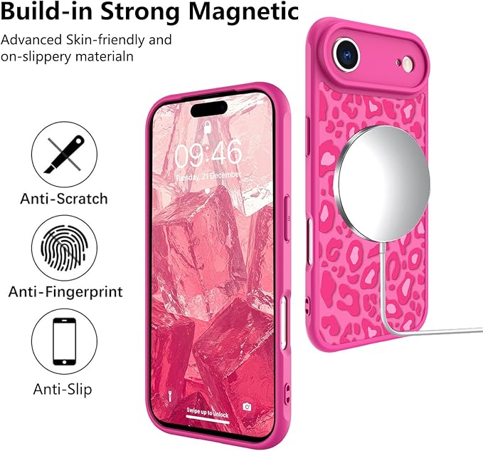 KANGHAR Case Compatible with iPhone Air Hot Pink Leopard Printed Pattern [Compatible with Magsafe] Cute Cheetah Protective Magnetic Case for Girls Women 6.5"