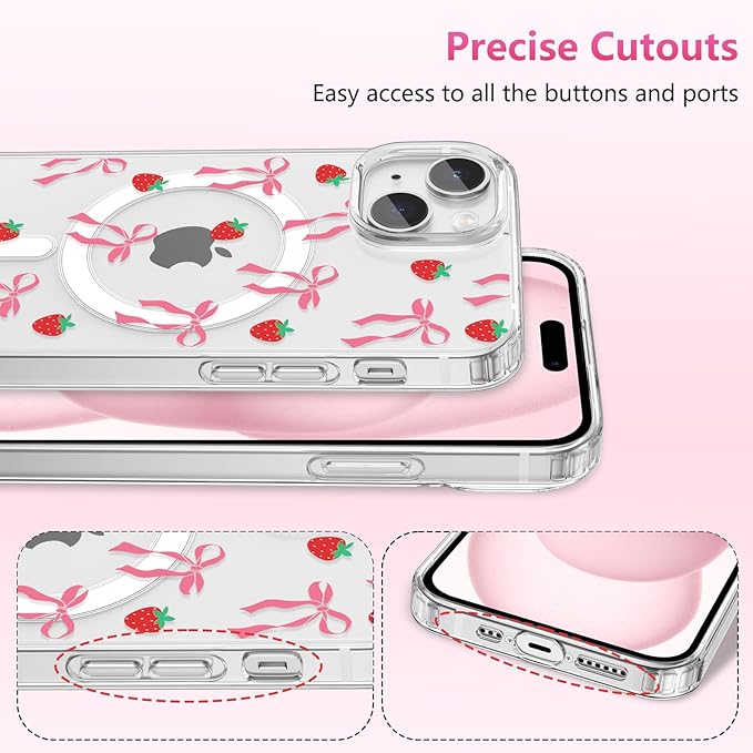 ZTOFERA for iPhone 15 Magnetic Case Clear,Cute Love Heart Ribbon Bow Tie Aesthetic Phone Case,Transparent Trendy Slim Soft Shockproof Protective Phone Cover for Women Girls,Blush