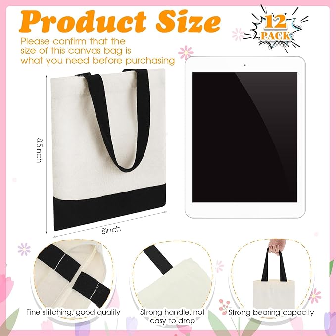 Amylove 24 Pcs Mini Tote Bag Sublimation Blank Canvas Tote Bags Reusable Grocery Luggage DIY Sack Goody for Party Even (8.5 x 8 Inch,White with Black Handle)