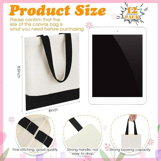 Amylove 12 Pcs Mini Tote Bag Sublimation Blank Canvas Tote Bags Reusable Grocery Luggage DIY Sack Goody for Party Even (8.5 x 8 Inch,White with Black Handle)