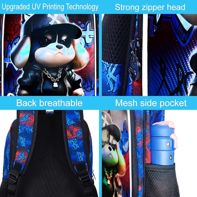 CCJPX 16" Kids Backpack for Boys, 3PCS Dog Water Resistant Preschool Bookbags with Lunch Box, Cool School Bag for Toddler Kids