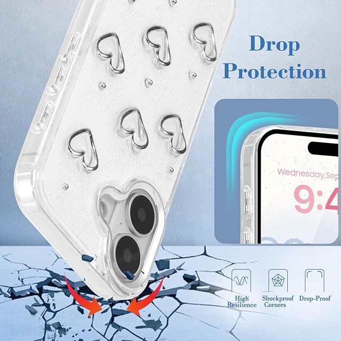EYZUTAK Case for iPhone 17, Bling Glitter 3D Hearts Phone Case Cute Sparkly Crystal Clear Heart Aesthetic Design Cover Slim Soft Durable TPU Transparent Protective Cover for Women Girls - Heart