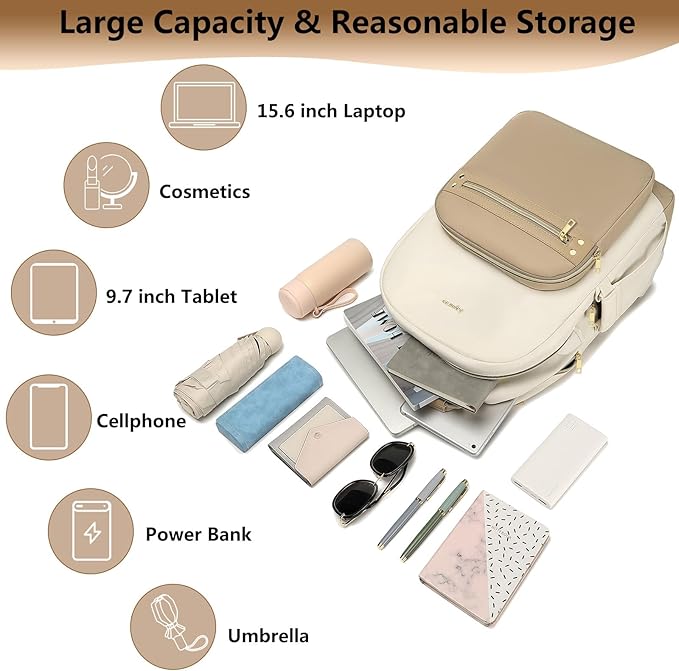 Laptop Backpack for Women Girls Bookbag - 17.3 Inch School Backpacks with USB Charging Port for Teen Students College Nurse Book Bag Work Teacher Back Pack Waterproof Casual Travel Daypack Khaki Beige