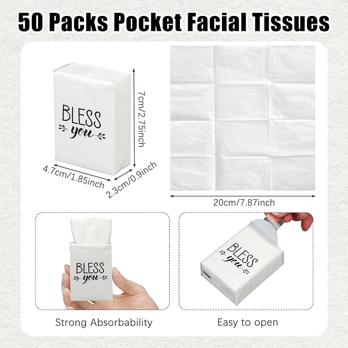Ctosree 50 Pack Church Pocket Tissues Travel Packs Bulk 500 Sheet Small Tissues Pocket Packs Party Favors 3 Ply Mini Travel Size Individual for Christian
