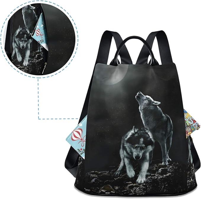 ALAZA Wolf Animal Print Moon Backpack Purse for Women Anti Theft Fashion Back Pack Shoulder Bag