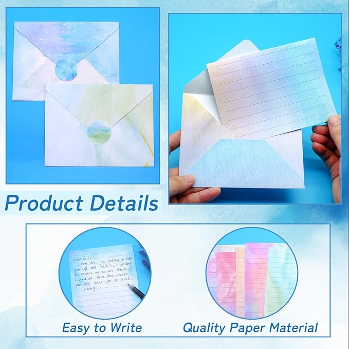 160 Pcs Stationery Paper Set Including 50 Matching Envelopes 50 One Side Stationery Writing Papers 60 Round Dot Sticker for School Office Supplies,10 Designs, 5.5 x 8.25 Inch(Watercolor)