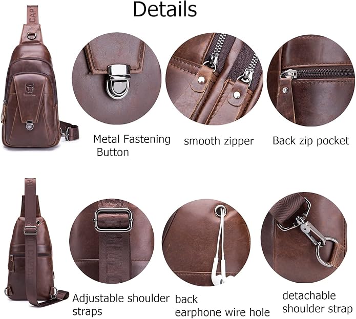 BULLCAPTAIN Leather Sling Bag for Men Multi-pocket Crossbody Chest Bag Travel Casual Shoulder Backpack