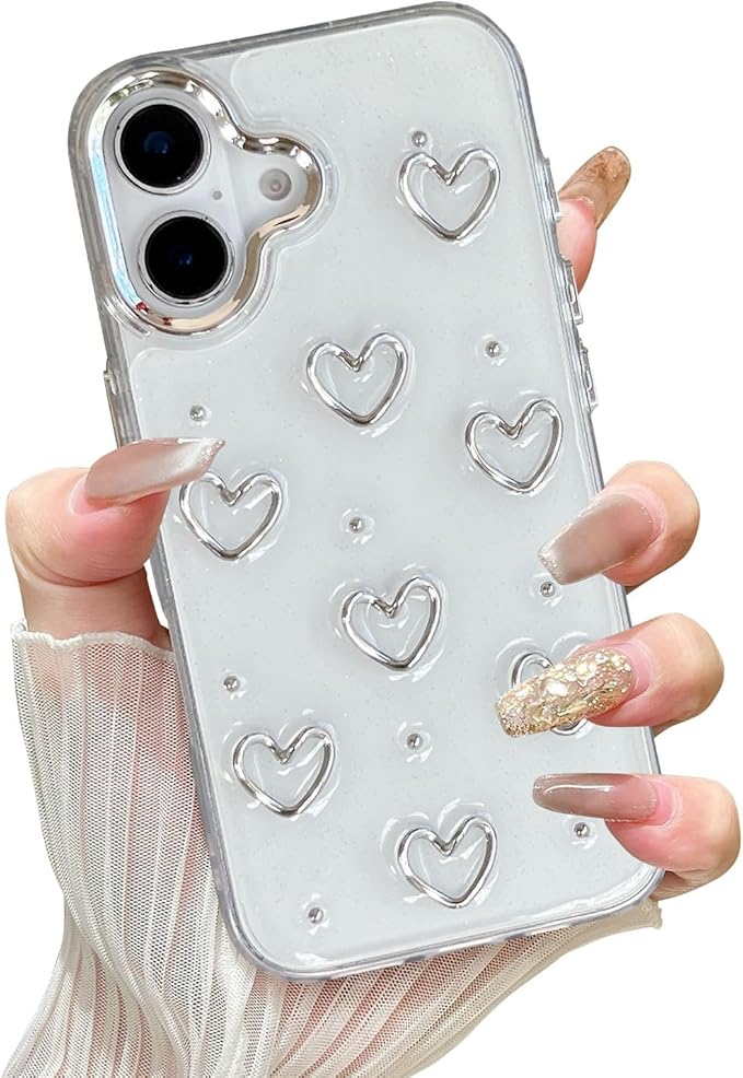 EYZUTAK Case for iPhone 16 Plus, Bling Glitter 3D Hearts Phone Case Cute Sparkly Crystal Clear Heart Aesthetic Design Case Slim Soft Durable TPU Transparent Protective Cover for Women Girls - Heart