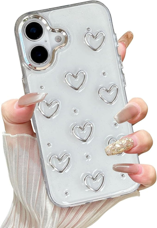 EYZUTAK Case for iPhone 16, Bling Glitter 3D Hearts Phone Case Cute Sparkly Crystal Clear Heart Aesthetic Design Case Slim Soft Durable TPU Transparent Protective Cover for Women Girls - Heart