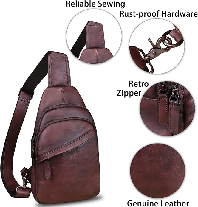 Genuine Leather Silng Bag for Men and Women Vintage Leather Sling Backpack Fashion Shoulder Crossbody Bag Chest Purse
