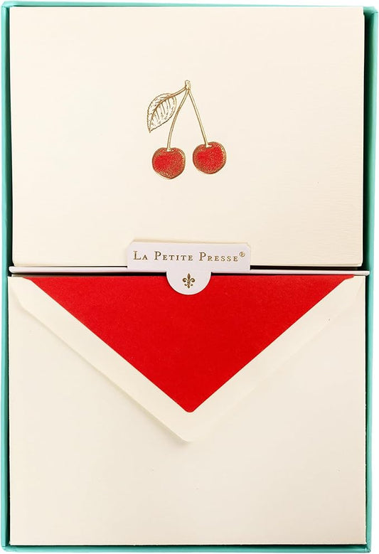 Graphique Cherries Designer Cards Luxe Collection, Gold Foil Embossed Stationary Boxed Set, 10 Blank Cards with 11 Envelopes, All Occasion Greetings, 5.25" x 3.8"