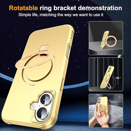 Compatible with iPhone 16 Case with Invisible Magnetic O-Ring Stand Military-Grade Case for iPhone 16 6.1" [Compatible with Mag-Safe][Great Grip Feeling], Gold