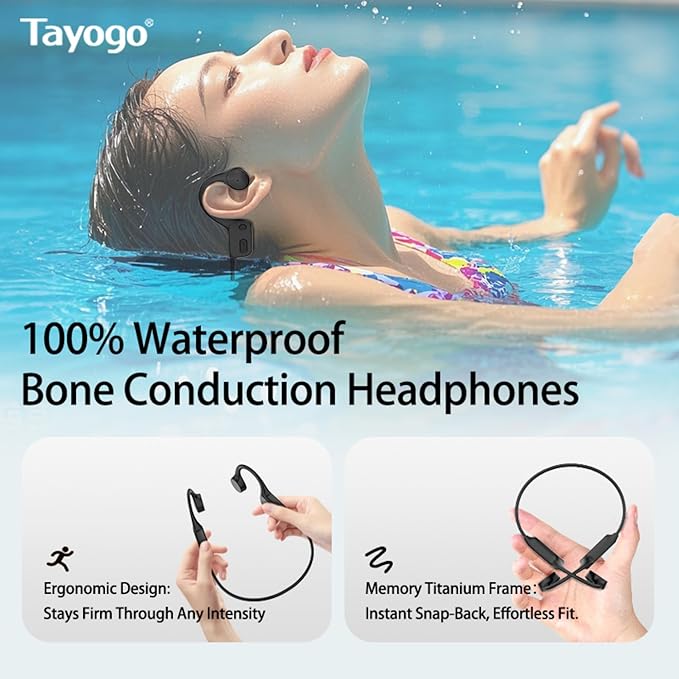 Tayogo Swimming Headphones, IPX68 Waterproof Bone Conduction Headphone Bluetooth 5.4, Open Ear Headset,32G of MP3 Player, Running, Cycling, Earbuds Underwater