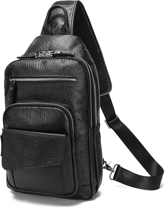 LANNSYNE Full Grain Leather Casual Sling Bag For Men Hiking/Travel/Business Crossbody Chest Bag Fits 12.9" iPad