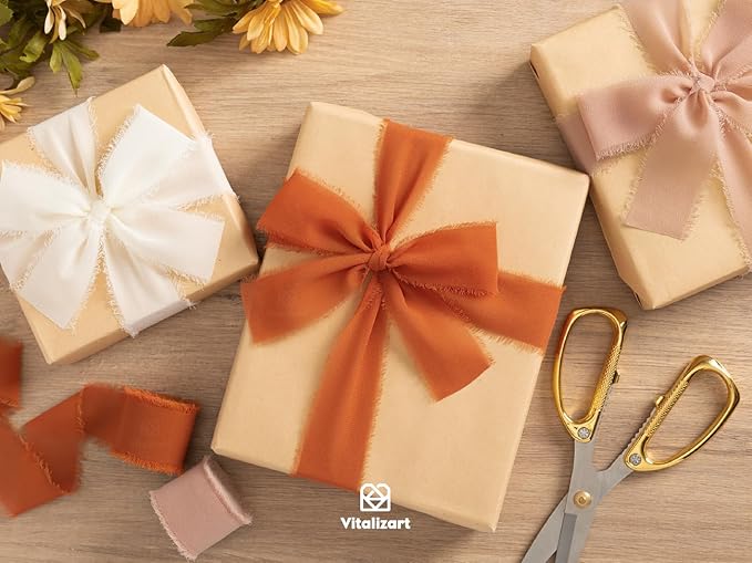 Vitalizart Fall Handmade Chiffon Silk Ribbon Fringe 1.5" x 21 Yd Terracotta Cream Frayed Edges Ribbons for Wedding Invitations Bridal Bouquets Gifts Wrapping Crafts Holiday Party Decorations