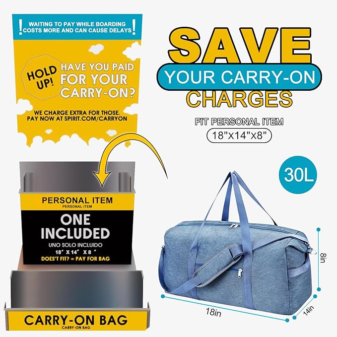 For Spirit Airlines Personal Item Bag 18x14x8, Foldable Small Travel Duffel Bags Gym Duffle Weekender Overnight Carry on Luggage Bag with Wet Pocket & Shoe Compartment for Women Men(Blue, 30L)