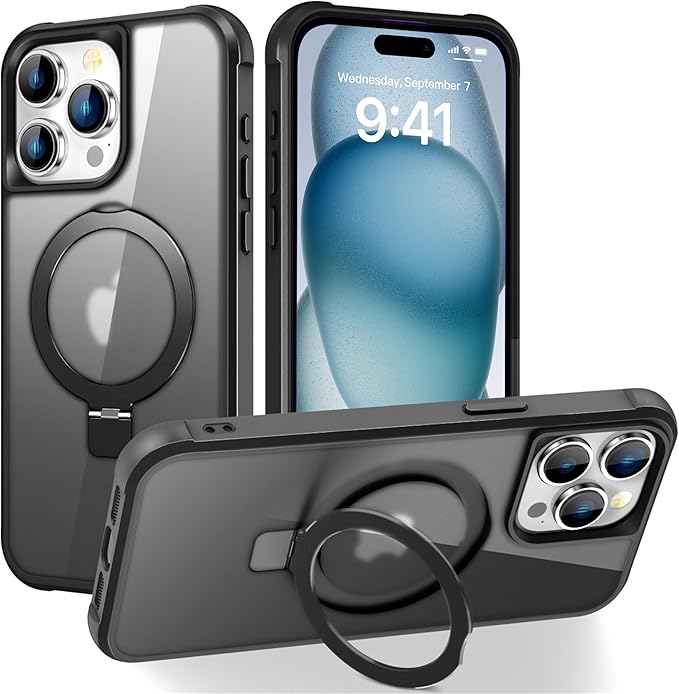 Compatible with iPhone 15 Pro Case with Invisible Magnetic O-Ring Stand Military-Grade Translucent Case for iPhone 15 Pro 6.1" [Compatible with Mag-Safe][Great Grip Feeling], Black