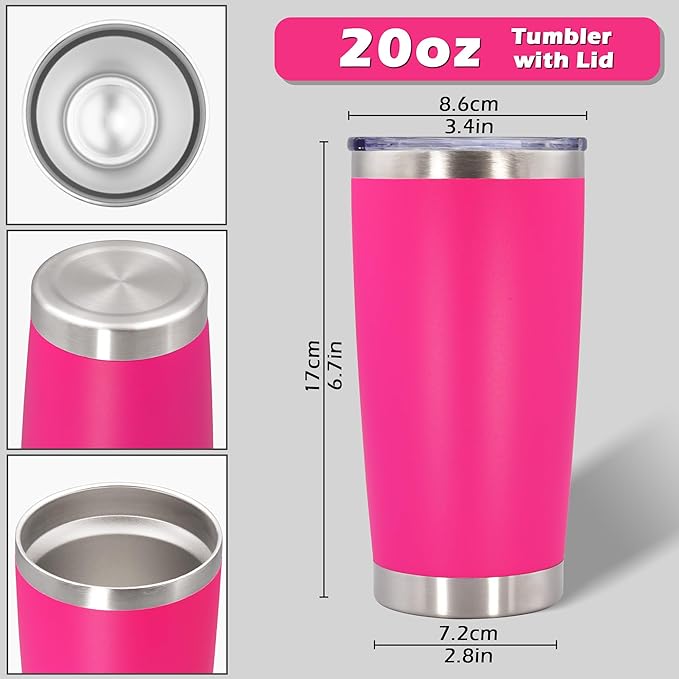 20oz Tumbler Bulk Stainless Steel Tumblers with Lid Vacuum Insulated Double Wall Travel Coffee Mug Powder Coated Tumbler Cup for Hot and Cold Drinks(Hot Pink, 12 pack)