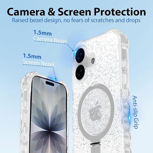 Magnetic for iPhone 17 Case with Invisible Stand, Compatible with MagSafe, Clear Bling Sparkle Shockproof Slim Anti-Slip Military Drop Protection Hard Phone Case 6.3" Glitter Silver