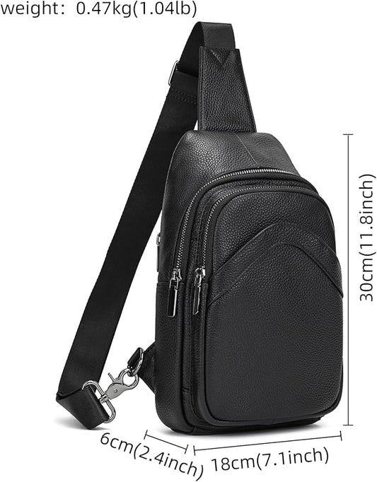 Genuine Leather Sling Bag Multi-pocket Chest Bag for Men Hiking Travel Daypack