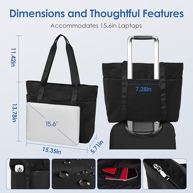 Tote Bag for Women with Zipper, Convertible Travel and Work Shoulder Bag, Large Teacher Tote Bag with Luggage Strap