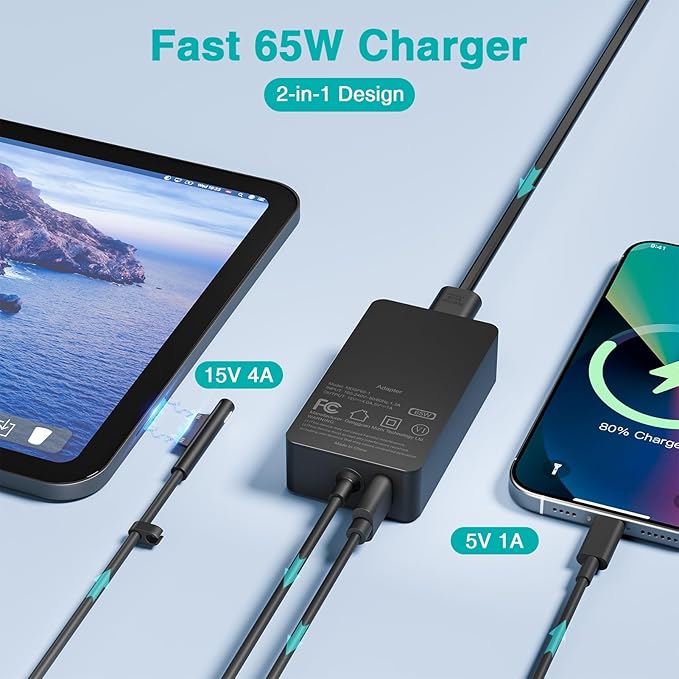 65W Charger Compatible with Microsoft Surface Pro 11, 10, 9, 8, 7+, 7, 6, 5, X, Laptop 7/6/5/4/3/2/1/Studio, Go 4/3/2/1, Book 3/2/1, Support 44W 36W, 10FT