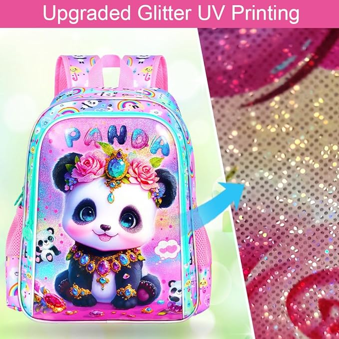 3Pcs Panda Backpack for Girls, 16" Kids School Backpacks with Lunch Box, Bookbag for Elementary Preschool Kindergarten(Pink)