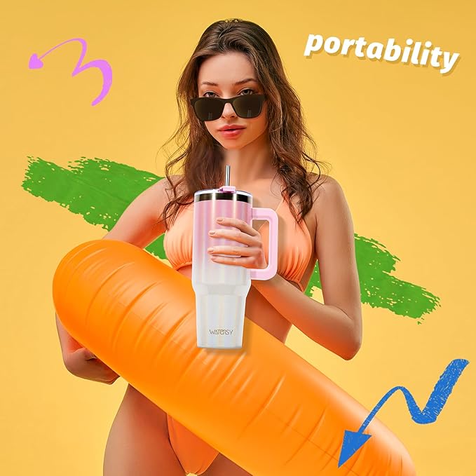 30 oz Shiny Tumbler with Handle and Straw,Stainless Steel Tumbler with Lid and Straw,Insulated Travel Mug(Cold for 34 Hours),Water Bottle for Iced Tea,Coffee (Pink)