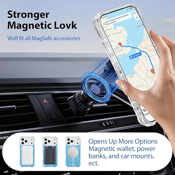 Magnetic for iPhone 17 Pro Max Case with Invisible Stand, Compatible with MagSafe, Clear Bling Sparkle Shockproof Slim Anti-Slip Military Drop Protection Hard Phone Case 6.9" Glitter Blue