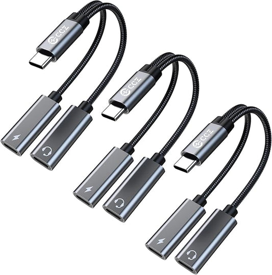 Dual USB C Audio Adapter and Charger Audio Adapter,2 in 1 Hi-Res 16bit/48kHz DAC Aux to USB C with 60W PD Fast Charging Dongle Cable for iPhone 16 Pro Max, Galaxy S25Ultra, iPad Pro(USB-USB, 3Pack)