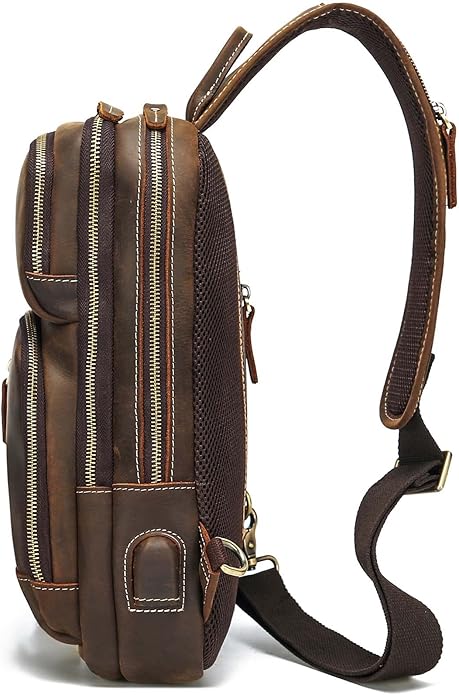 LANNSYNE Full Grain Leather Sling Bag For Men Crossbody Chest Daypack fits 10.5" iPad