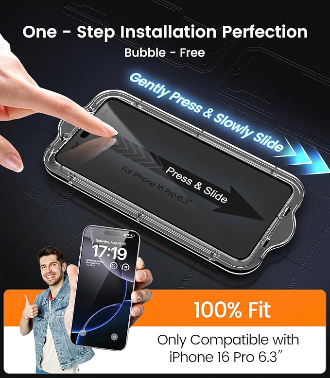 EZ-GLAZ- 4 Pack for iPhone 16 Pro Privacy Screen Protector [6.3"] With 2 Pack Camera Lens Protector, 9H+ Hardness 12FT Military Grade Shatterproof Scratch Resistant Durable Tempered Glass Film with Flawless Fit Kit