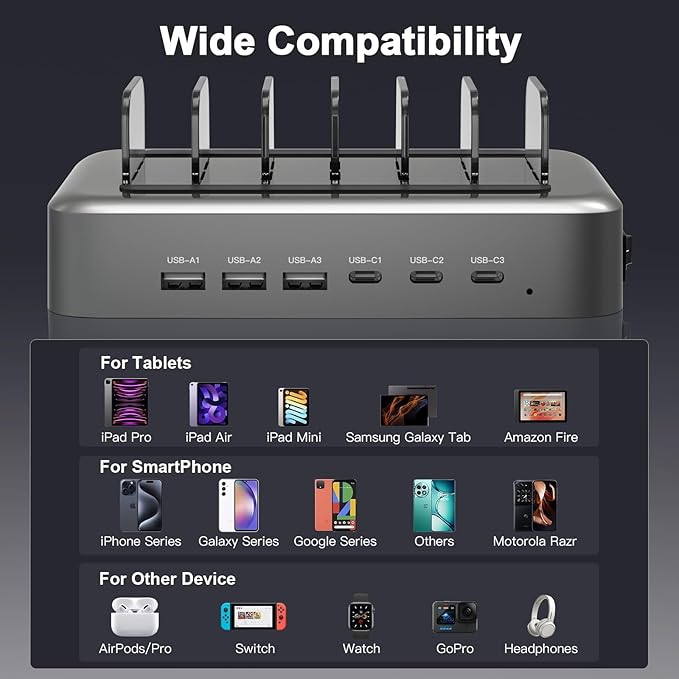 MSTJRY 90W 6-Port USB C Fast Charging Station for Multiple Devices, Multi PD Charger Station for iPhone iPad Tablet Phone, Charging Dock Organizer with Adjustable Dividers for Home Office Classroom