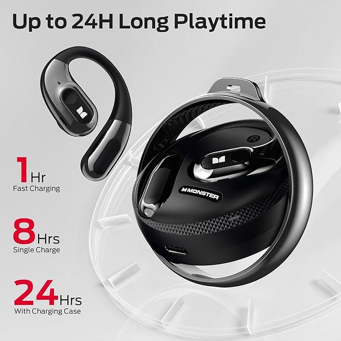 Monster Open Ear Headphones AC330, Wireless Earbuds Bluetooth 5.4 with Clear Talk, Stylish Rotating Case with Lanyard, Type-C Charging, Comfort Fit, 24H Playback, IPX5 Water Resistant, Black