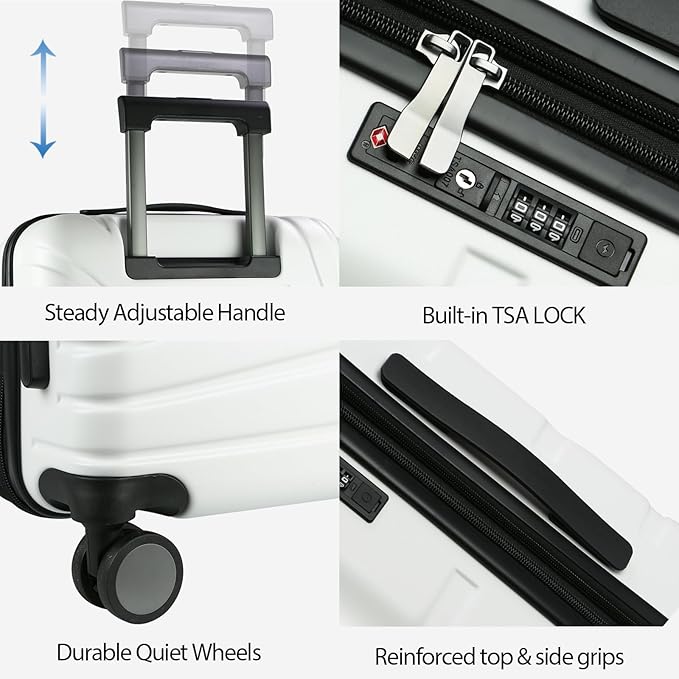 VANKEAN Carry On Luggage with Spinner Wheels & TSA Lock, Expandable Fashionable Hard Shell Suitcase airline approved，20 Inch Carry-On，White