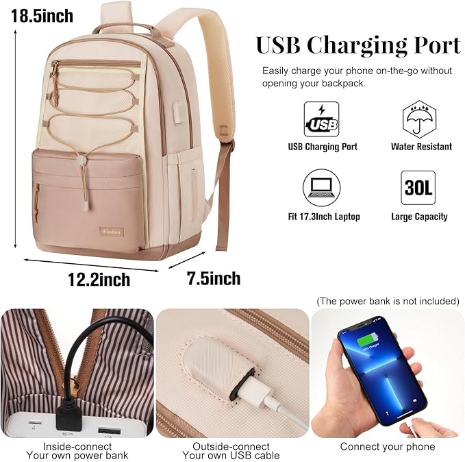 School Backpack for Teens Girls, Aesthetic College Backpack Large Bookbag for Women Students Fashion 17 Inch Laptop Bag for Work Travel (Khaki Beige)