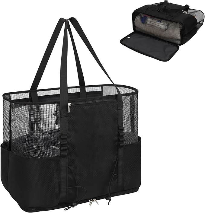 Mesh Beach Bag, Extra Large Beach Bags for Women, Lightweight Foldable Sandproof Tote Bag for Family & Vacation