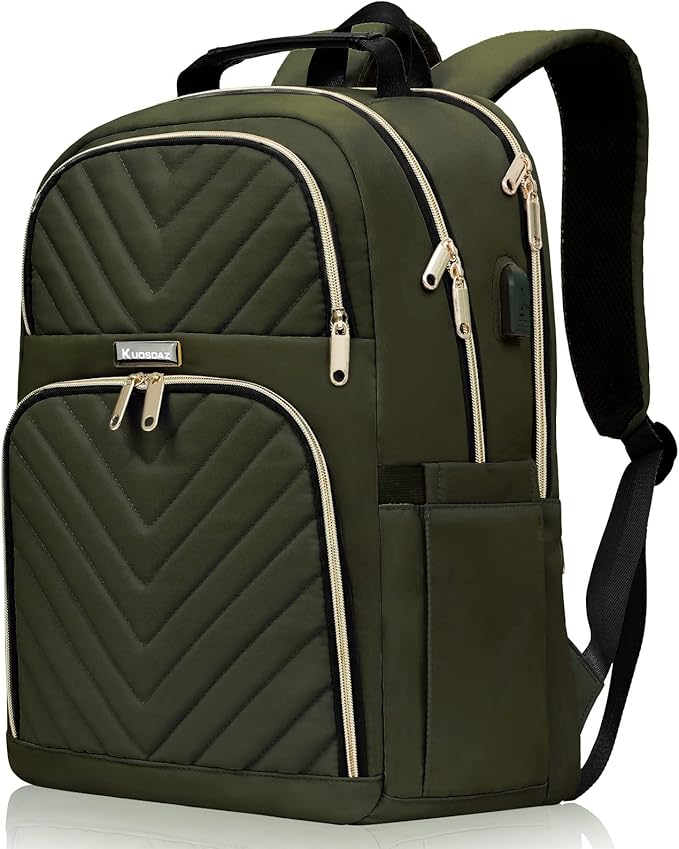 Travel Laptop Backpack, School Backpack for Teen Girls Boys,15.6 Inch Large Quilted College Bookbag for Women Men with USB Charging Port, Army Green