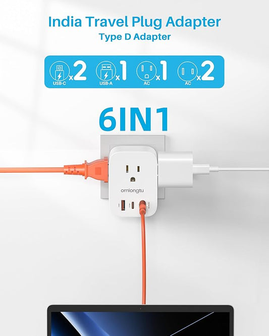 US to India Plug Adapter, ORNLONGTU Type D Travel Adapter with 3 Outlets 3 USB(2 USB-C 20W), India Power Adaptor for USA to India Bangladesh Maldives Pakistan Nepal Kuwait Sudan Sri Lanka Bhutan Yemen