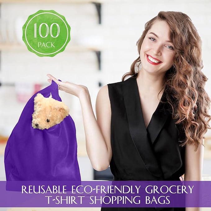 Windyun Large Grocery T-shirt Bags Bulk Reusable Non Woven Shopping Bag Foldable Gift Tote with Handle, 21x11x6 Inch