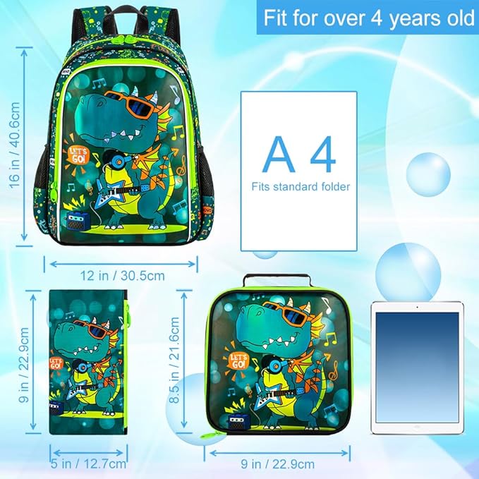 Boys Backpack, 16" Dinosaur Kids Bookbag with Lunch Box, 3Pcs Dino School Backpacks for Elementary Preschool Kindergarten (Green)
