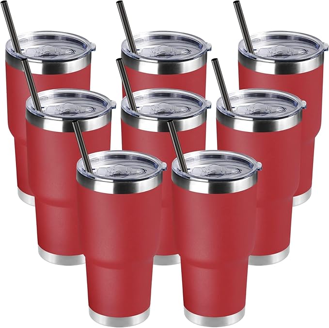 DOMICARE 30oz Tumbler Bulk with Lid and Straw, Double Wall Travel Coffee Mug, Insulated Vacuum Stainless Steel Tumblers, Powder Coated Tumbler Cup (Red, 8)