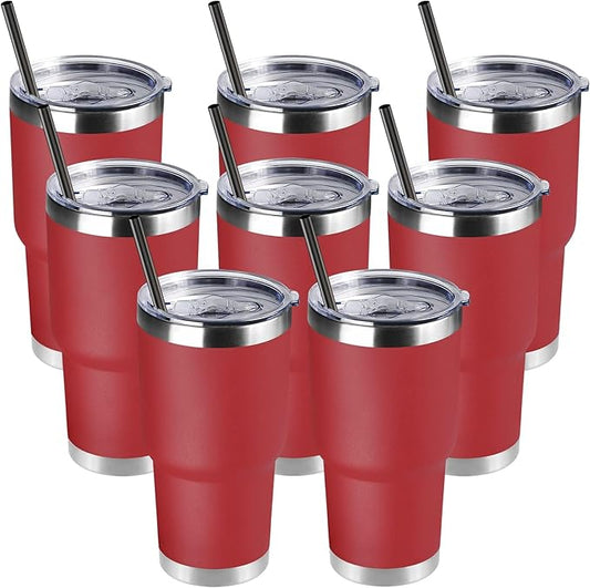 DOMICARE 30oz Tumbler Bulk with Lid and Straw, Double Wall Travel Coffee Mug, Insulated Vacuum Stainless Steel Tumblers, Powder Coated Tumbler Cup (Red, 8)
