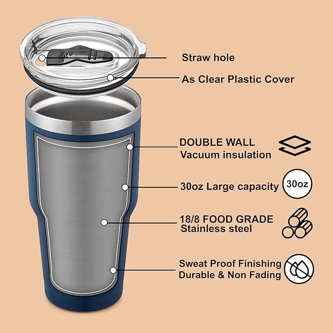 COMOOO 30oz Tumbler Stainless Steel Insulated Tumbler with Lid Double Wall Vacuum Coffee Cup Large Travel Mug for Home, Office, School,Party (Navy, 4 Pack)